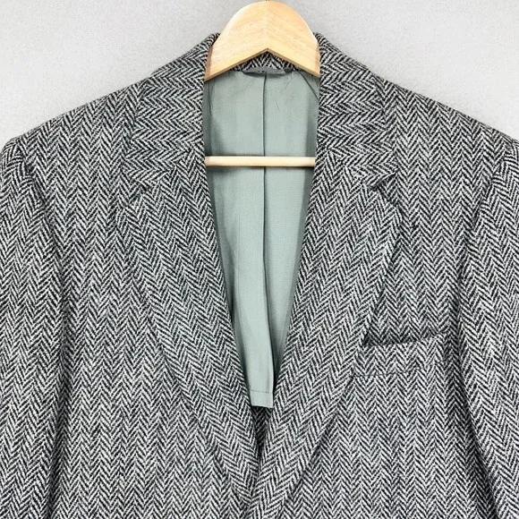 Vintage Stafford Harris Tweed Blazer Mens 40R Gray Black Scottish Wool 2 Button